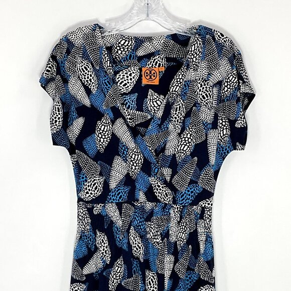 Tory Burch Dress Women XS Silk Blue‎ Seashell Polka Dot Short Sleeve V-Neck - Picture 4 of 13